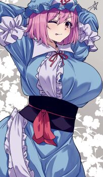 1girl absurdres arms_behind_head blue_kimono breasts frilled_kimono frills highres japanese_clothes kimono large_breasts looking_at_viewer mirufi_(milfiiiiyu) one_eye_closed pink_eyes pink_hair saigyouji_yuyuko smile solo tongue tongue_out touhou triangular_headpiece