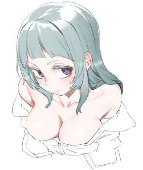 1girl black_eyes borrowed_character breasts cleavage colored_eyelashes commentary_request from_above green_hair highres large_breasts nyum original partially_colored solo upper_body