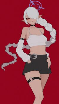 Rule 34 | 1girl, absurdres, alternate costume, alternate hairstyle, anemoneeanemone, bare shoulders, belt buckle, black choker, black skirt, blue archive, braid, breasts, buckle, camisole, choker, dark-skinned female, dark skin, detached sleeves, hair over one eye, halo, hand in pocket, highres, iori (blue archive), long braid, long hair, long sleeves, looking at viewer, medium breasts, midriff, o-ring, o-ring thigh strap, parted lips, pointy ears, purple halo, red background, red eyes, simple background, skindentation, skirt, smile, solo, spaghetti strap, thigh strap, very long hair, white camisole, white hair