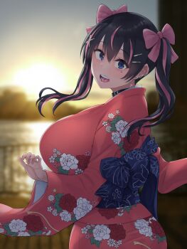1girl :d black_hair blurry blurry_background bow breasts commentary_request floral_print floral_print_kimono hair_between_eyes hair_bow hair_ornament hairclip highres japanese_clothes kimono large_breasts long_hair long_sleeves looking_at_viewer mole mole_under_eye morning multicolored_hair natsuishi_nana obi ocean open_mouth original outdoors pink_bow pink_hair print_kimono railing red_kimono sash smile solo streaked_hair sunrise teeth twintails two-tone_hair wide_sleeves x_hair_ornament