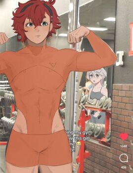 2girls black_hairband blue_eyes bodysuit closed_mouth commentary drooling dumbbell flexible grey_eyes grey_sports_bra gundam gundam_suisei_no_majo gym hairband highres holding holding_dumbbell i_was_watching_my_gym_clips_and_saw_this_girl_behind_me_(meme) long_hair meme miorine_rembran multiple_girls open_mouth orange_bodysuit qnhuw red_hair sports_bra suletta_mercury symbol-only_commentary thick_eyebrows tiktok toned toned_female white_hair yuri