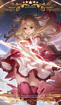 1girl ascot blonde_hair boots breasts chinese_commentary commentary_request elbow_gloves fate/grand_order fate/kaleid_liner_prisma_illya fate_(series) floating_clothes floating_hair gloves hair_between_eyes hair_ribbon hand_up illyasviel_von_einzbern long_hair looking_at_viewer magical_girl open_mouth pink_boots pink_shirt prisma_illya red_eyes ribbon sailor_collar shirt skirt sleeveless sleeveless_shirt small_breasts solo star_(symbol) teeth thigh_boots v-shaped_eyebrows wavy_hair white_gloves white_ribbon white_skirt yellow_ascot yijian_ma