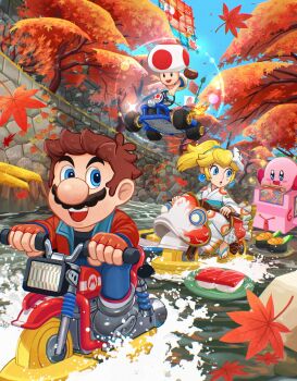 1girl 2boys :d absurdres autumn autumn_leaves blonde_hair blue_eyes blue_pants brown_hair day facial_hair fingerless_gloves food gloves grey_shoes highres jacket japanese_clothes kimono kirby kirby_(series) leaf long_hair long_sleeves mario mario_(series) mario_kart motor_vehicle motorcycle multiple_boys mustache nintendo open_mouth outdoors pants plate ponytail princess_peach red_gloves red_jacket sasaki_sakiko shoes short_hair smile splashing sushi teeth thick_eyebrows toad_(mario) tree upper_teeth_only water white_kimono wide_sleeves