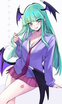 1girl blunt_bangs blush breasts cardigan cleavage collared_shirt commentary darkstalkers demon_wings earrings green_eyes green_hair head_wings jewelry lipstick_mark lipstick_mark_on_leg long_hair looking_at_viewer morrigan_aensland necktie ompf pink_nails purple_cardigan purple_necktie purple_skirt shirt sitting skirt smile solo white_background white_shirt wings