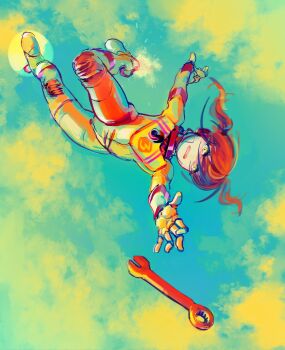 1girl anti-gravity cloud cloudy_sky commentary dropped_object earpiece english_commentary explosion highres no_headwear open_mouth original panicking polilla reaching red_hair sky spacesuit tears teeth twintails upper_teeth_only wrench yellow_eyes