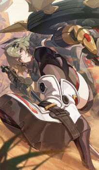 1girl absurdres bike_shorts bike_shorts_under_skirt black_gloves black_thighhighs boots breasts caesar_king_(zenless_zone_zero) chinese_commentary closed_mouth commentary_request day foreshortening from_below frown fur_trim gloves green_hair hair_between_eyes hair_ornament high_heel_boots high_heels highres holding holding_shield holding_sword holding_weapon horns jacket large_breasts looking_at_viewer mechanical_hands outdoors prosthesis prosthetic_hand r1zen shield single_mechanical_hand solo sword thighhighs weapon white_boots yellow_eyes zenless_zone_zero