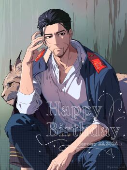 1boy 2024 arm_up black_coat black_eyes coat coat_on_shoulders dated english_text facial_hair facial_mark frown goatee golden_kamuy happy_birthday highres looking_to_the_side lynx male_focus military_uniform ogata_hyakunosuke serious shirt short_hair sitting washiko_(rasuko) white_shirt