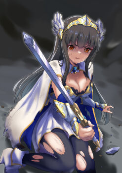 1girl absurdres acelroiutdh armor black_hair breasts commission dirty dirty_clothes highres hime_cut holding holding_sword holding_weapon idolmaster idolmaster_cinderella_girls knight kurokawa_chiaki long_hair pantyhose pixiv_commission ryona sweat sword torn_clothes torn_pantyhose very_long_hair weapon