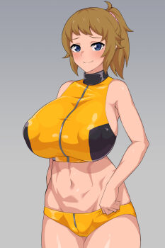 1girl armpits bikini blue_eyes breasts brown_hair covered_erect_nipples cowboy_shot gundam gundam_build_fighters gundam_build_fighters_try highres hoshino_fumina lancer24 large_breasts midriff navel ponytail smile solo sports_bikini stomach swimsuit yellow_bikini