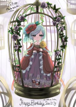 absurdres bemani birdcage birthday cage character_request commentary_request dandelion flower frills green_eyes green_hair hair_flower hair_ornament happy_birthday highres lace layered_skirt lolita_fashion looking_at_viewer lr_hijikata mary_janes plant pop'n_music shoes skirt smirk vines