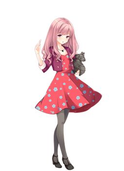 1girl :o breasts chalk character_name dress full_body girlfriend_(kari) jacket jewelry looking_at_viewer medium_breasts medium_hair necklace no_background official_art open_mouth pink_hair purple_eyes purple_jacket qp:flapper red_dress solo standing tagme teacher yutenji_yayoi