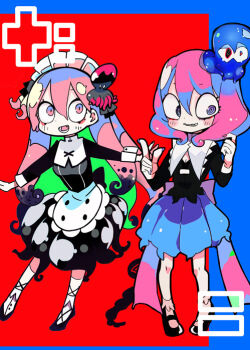 2girls @_@ apron asymmetrical_footwear back_bow black_dress black_footwear black_ribbon black_shirt black_sleeves blue_background blue_nails blue_skirt bow breasts buttons character_request cleavage clenched_teeth collar colored_inner_hair colorful commentary_request copyright_request cross-laced_footwear detached_collar dress eyelashes full_body green_hair hair_between_eyes hair_ornament hair_ribbon high_collar high_contrast kneehighs knees lace-trimmed_apron lace_trim leg_ribbon long_sleeves lower_teeth_only maid maid_headdress mary_janes medium_hair miniskirt mismatched_footwear multicolored_hair multicolored_nails multiple_girls nail_polish nervous_smile open_mouth original outstretched_arms pink_hair pink_nails pointing purple_bow purple_eyes red_background ribbon shirt shoes skirt smile socks squid squid_hair_ornament teeth tentacles terada_tera two-tone_background waist_apron white_apron white_collar white_headdress white_socks