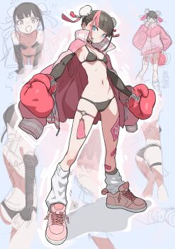1girl bandaid bikini black_bikini blue_eyes boxing_gloves breasts bun_cover closed_mouth commentary_request detached_sleeves double_bun grey_background hair_bun hair_ornament highres jacket jacket_on_shoulders long_sleeves looking_at_viewer loose_socks medium_breasts multicolored_hair multiple_views navel niboshidrip original pink_jacket pink_shoes shoes short_hair sketch_inset sneakers socks streaked_hair swimsuit thigh_strap