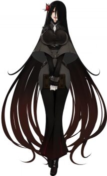 1girl ash_arms bell-bottoms black_hair black_pants black_shoes black_sleeves book breasts chinese_commentary curvy eyes_visible_through_hair female_focus flower frills full_body gloves gradient_hair grey_shirt hair_flower hair_ornament hair_over_one_eye half-closed_eyes head_tilt highres holding holding_book huge_breasts large_breasts legs_together long_hair long_sleeves looking_at_viewer multicolored_hair necktie official_art open_mouth p-61a_black_widow_(ash_arms) pants pink_flower railing red_eyes red_hair shirt shoes smile solo straight-on straight_hair strap taut_clothes teeth tongue transparent_background undeedking upper_teeth_only very_long_hair white_gloves white_necktie wide_sleeves