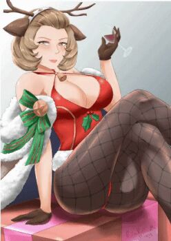 1girl alcohol animal_ears animated animated_png antlers ass bare_shoulders bell blinking blush breasts brown_gloves brown_hair cameltoe cape capelet christmas cleavage cup deer_ears drink drinking_glass fake_animal_ears fake_antlers female_focus fire_emblem fire_emblem:_three_houses fire_emblem_heroes fur-trimmed_capelet fur_trim glass_cup gloves heart horns huge_ass intelligent_systems large_breasts leotard lowres manuela_casagranda mistletoe neck_bell nintendo one_eye_closed orange_eyes pantyhose red_leotard rinku_bny shiny_clothes shiny_skin short_hair solo thick_thighs thighs wine wink winking_(animated)
