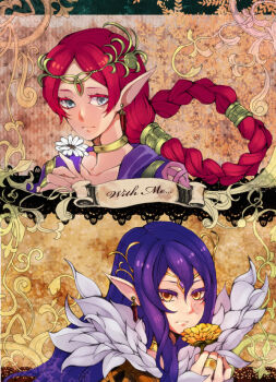 Rule 34 | 1girl, black dress, braid, circlet, closed mouth, commentary, dark queen (sonic), dress, dual persona, earrings, english text, facial mark, feather-trimmed dress, feather-trimmed sleeves, flower, gold choker, grey eyes, hair between eyes, holding, holding flower, jewelry, long hair, long sleeves, looking at viewer, merlina (sonic), muu w29, neck ring, orange background, parted bangs, parted hair, pointy ears, purple dress, purple hair, red hair, ring, robe, single braid, solo, sonic (series), sonic and the black knight, very long hair, white background, yellow eyes