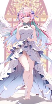 1girl absurdres angel aqua_hair bare_arms barefoot blue_eyes blush breasts closed_mouth clothes_lift colored_inner_hair dress dress_lift feathered_wings feet full_body hair_ribbon highres long_hair long_legs looking_at_viewer medium_breasts multicolored_hair origami_aya pink_hair powari_poachi ribbon sidelocks smile stained_glass streaked_hair tachi-e toes virtual_youtuber wactor_production white_background white_dress white_wings wings