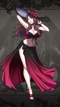 1girl absurdres arm_behind_head armpits arms_up bare_arms bare_legs bare_shoulders bikini black_choker black_sarong breasts brown_hair choker cleavage collarbone commentary dorothea_arnault dorothea_arnault_(summer) earrings english_commentary fire_emblem fire_emblem:_three_houses fire_emblem_heroes flower gradient_sarong green_eyes hat hat_flower highres jewelry large_breasts long_hair looking_at_viewer multicolored_bikini nail_polish navel nintendo official_alternate_costume open_mouth red_nails sarong smile solo stomach sun_hat swimsuit toenail_polish toenails two-tone_bikini zer0z_vi