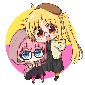 Rule 34 | 2girls, ahoge, alternate costume, bespectacled, black-framed eyewear, black dress, black skirt, blonde hair, blue eyes, bocchi the rock!, brown cardigan, cardigan, chibi, chibi only, chika (06chimika13), closed mouth, collared dress, commentary request, dress, glasses, gotoh hitori, heart, hood, hood up, ijichi nijika, long hair, long sleeves, looking at viewer, multiple girls, open cardigan, open clothes, open mouth, pantyhose, pink hair, pink pantyhose, red eyes, round eyewear, side ponytail, skirt, standing, v