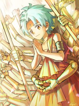 1boy armband bandaged_chest bindi blue_hair butsu_zone closed_mouth collarbone extra_arms fon-due_(fonfon) hinduism holding holding_staff looking_ahead male_focus praying senju_(butsu_zone) short_hair signature solo staff