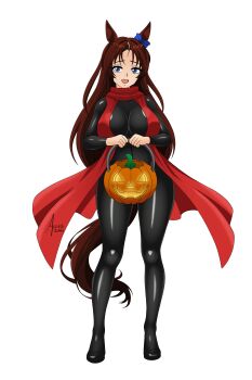 Rule 34 | absurdres, aiza-sama, animal, animal ears, blue eyes, breasts, brown hair, cape, cosplay, full body, halloween, highres, hollow knight, hollow knight: silksong, hornet (hollow knight), humanization, large breasts, latex, open mouth, original, pumpkin, smile, umamusume, white background