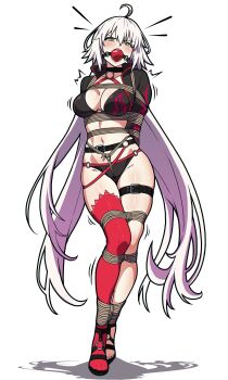 1girl absurdres ahoge arms_behind_back ball_gag bdsm black_bra black_jacket black_panties bondage bound bound_arms bound_legs bra breasts choker cleavage collarbone crotch_rope drooling gag gagged grey_hair groin high_heels highres jacket jeanne_d&#039;arc_alter_(fate) long_hair looking_at_viewer navel panties shibari shibari_over_clothes single_thighhigh skindentation stomach thigh_strap thighhighs tiedtiki twintails underwear very_long_hair white_background yellow_eyes