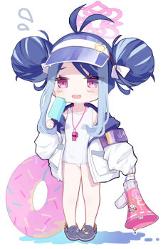 1girl blue_archive blue_hair blush chapoke commentary_request crocs double_bun flying_sweatdrops food fubuki_(blue_archive) fubuki_(swimsuit)_(blue_archive) full_body hair_bun halo highres holding holding_food holding_ice_cream holding_megaphone ice_cream long_sleeves looking_at_viewer megaphone official_alternate_costume one-piece_swimsuit pink_eyes pink_halo simple_background sleeves_past_wrists solo swim_ring swimsuit visor_cap whistle whistle_around_neck white_background white_one-piece_swimsuit