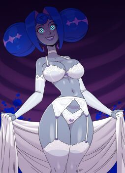 absurdres aeolus android blue_eyes blue_hair breasts cleavage garter_belt glitch_productions highres huge_breasts knights_of_guinevere lingerie princess princess_guinevere smile solo underwear