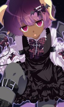 1boy 2000s_(style) :p absurdres androgynous ankle_boots arm_strap black_boots black_vest boots bow bowtie commission commissioner_upload cowboy_shot dark-skinned_male dark_skin demon_tail demon_wings faux_retro_artstyle forked_tongue frilled_shorts frilled_sleeves frills gradient_hair grey_pantyhose head_tilt highres ho_zancn horns houndstooth legwear_garter looking_at_viewer male_focus multicolored_hair non-web_source original ouji_fashion pantyhose patterned_clothing pink_bow pink_bowtie pink_hair shorts sitting skeb_commission sleeves_past_fingers sleeves_past_wrists slit_pupils solo tail tail_bow tail_ornament tongue tongue_out vest wide_sleeves wings