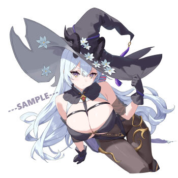 Rule 34 | 1girl, absurdres, bare shoulders, between breasts, black gloves, black hat, bodysuit, breasts, brown bodysuit, cleavage, commission, covered navel, diamond-shaped pupils, diamond (shape), gloves, hand on headwear, hat, highres, horns, horns through headwear, large breasts, long hair, looking at viewer, original, purple eyes, simple background, solo, symbol-shaped pupils, thigh gap, very long hair, white background, white hair, witch hat, youtanhuayuan255