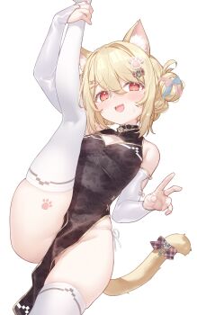 1girl absurdres animal_ears arm_up bare_shoulders black_dress blonde_hair bridal_gauntlets cat_ears cat_girl cat_tail china_dress chinese_clothes cleavage_cutout clothing_cutout commentary commission cowboy_shot dress highres hiraga_matsuri leg_lift leg_up looking_at_viewer medium_hair open_mouth original pelvic_curtain red_eyes side-tie_peek simple_background skeb_commission sleeveless sleeveless_dress smile solo split standing standing_on_one_leg standing_split tail thighhighs thighs white_background white_thighhighs