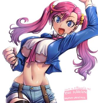 1girl alternate_breast_size amania_orz breasts character_name crop_top dated digimon digimon_universe:_appli_monsters female_focus jacket karan_eri large_breasts long_hair midriff navel necktie open_mouth purple_eyes purple_hair shiny_skin shorts simple_background solo text_focus thighhighs twintails twitter_username underboob white_background