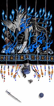 1boy all_fours armor black_boots black_cape black_gloves blood blue_surcoat boots cape chunj04799093 elden_ring elden_ring_nightreign extra_arms full_armor gloves greatsword helmet heolstor_the_nightlord highres lying on_side patterned_clothing scale_armor shield spiked_helmet sword weapon white_background winged_helmet wylder_(elden_ring) xiangyun