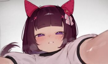 1girl animal_ears blush commentary english_commentary hair_ornament horse_ears horse_girl looking_at_viewer nishino_flower_(umamusume) purple_eyes solo umamusume x_hair_ornament xaea_xp
