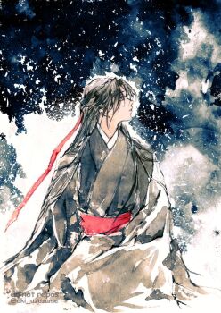 Rule 34 | 1boy, aki uzuzame, black eyes, black hair, black hanfu, chinese clothes, closed mouth, commentary request, hair down, hair ribbon, half updo, hanfu, headband, highres, light particles, long hair, long sleeves, looking afar, looking to the side, looking up, male focus, modao zushi, official alternate hairstyle, painting (medium), profile, red headband, red ribbon, red sash, ribbon, robe, sash, sitting, sleeves past fingers, sleeves past wrists, solo, traditional media, twitter username, watercolor (medium), wei wuxian, wei wuxian (yiling laozu), wide sleeves