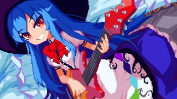 Rule 34 | 1girl, absurdres, black hat, blue hair, blue skirt, bow, bowtie, brodall pixel, center frills, commentary, dutch angle, electric guitar, english commentary, frills, grin, guitar, hat, highres, hinanawi tenshi, holding, holding instrument, instrument, long hair, looking at viewer, pixel art, puffy short sleeves, puffy sleeves, red bow, red bowtie, red eyes, shirt, short sleeves, sidelocks, skirt, smile, solo, touhou, very long hair, white shirt