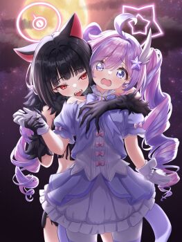 2girls absurdres bikini black_bikini black_hair blue_archive blue_jacket blush cat_girl cat_tail claws colored_inner_animal_ears drill_hair extra_ears eyes_visible_through_hair fangs fur_collar gloves hair_over_one_eye halo hand_on_another&#039;s_chest highres holding_another&#039;s_wrist jacket kazusa_(blue_archive) kazusa_(halloween)_(blue_archive) kuma_piv long_hair multicolored_hair multiple_girls official_alternate_costume official_alternate_hairstyle open_mouth pantyhose pink_halo purple_eyes purple_hair purple_halo red_eyes reisa_(blue_archive) reisa_(magical)_(blue_archive) shirt short_sleeves sidelocks skirt swimsuit tail twin_drills two-tone_hair white_gloves white_pantyhose white_shirt white_skirt yuri