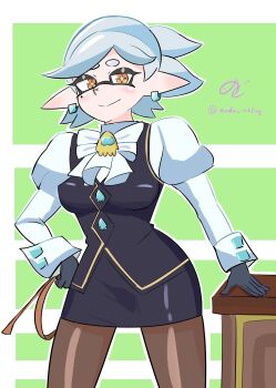 +_+ 1girl ace_attorney breasts brown_eyes cosplay crossover earrings franziska_von_karma franziska_von_karma_(cosplay) gloves highres jewelry long_sleeves marie_(splatoon) nintendo nodo_inkling pointy_ears short_hair skirt splatoon_(series) tentacle_hair whip white_hair