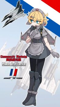1girl aircraft airplane apron blonde_hair blue_eyes canards chinese_text dassault_rafale fighter_jet french_air_force french_flag gloves grey_gloves highres maid maid_headdress mecha_musume military_vehicle original pckcool personification roundel solo