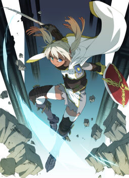 Rule 34 | 1girl, armored boots, attack trail, black sash, blonde hair, blue eyes, boots, cape, closed mouth, dark-skinned female, dark skin, debris, dragon's dogma, dragon's dogma (series), dress, dynamic pose, full body, gauntlets, grey dress, holding, holding shield, holding sword, holding weapon, knee pads, looking at viewer, medium hair, midair, pawn (dragon's dogma), sash, shield, short dress, smile, solo, swinging weapon, sword, tabard, takkun (alicesoft), thighhighs, twintails, weapon, white cape, white tabard, white thighhighs