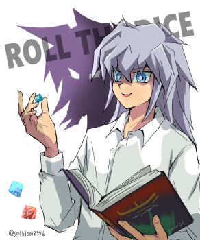 1boy absurdres arm_up bakura_ryou blue_eyes book dark_persona dice dress_shirt dropped_object dropping english_text facing_to_the_side grey_hair hand_up highres holding holding_book holding_dice looking_ahead looking_at_object male_focus medium_hair nape open_book open_mouth shadow shirt spiked_hair twitter_username upper_body white_background white_shirt ygl_(yglb10008976) yu-gi-oh! yu-gi-oh!_duel_monsters