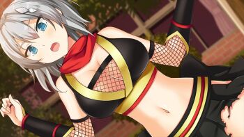 1girl bare_shoulders blue_eyes breasts breasts_apart crop_top detached_sleeves dutch_angle fishnets game_cg grey_hair hair_between_eyes hair_ornament large_breasts machiyuki_ricka midriff moe!_ninja_girls navel ninja official_art open_mouth red_scarf scarf short_hair skirt sleeveless solo stomach third-party_source torn_clothes torn_skirt