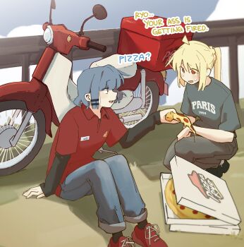 2girls absurdres ahoge blonde_hair blue_hair bocchi_the_rock! commentary english_commentary english_text food grey_pants grey_shirt hair_ornament hairclip highres holding holding_food holding_pizza ijichi_nijika layered_sleeves long_hair long_sleeves machuuu68 medium_hair moped motor_vehicle multiple_girls pants pizza pizza_box pizza_hut pizza_slice red_eyes red_shirt shirt short_over_long_sleeves short_sleeves side_ponytail sitting sleeves_past_wrists sweatdrop yamada_ryo yellow_eyes