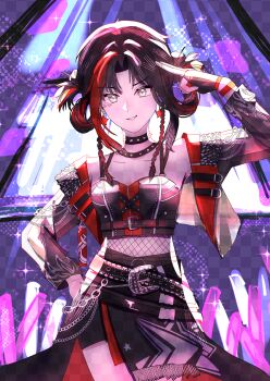 1girl absurdres audience bare_shoulders belt belt_buckle belted_jacket black_belt black_choker black_gloves black_hair black_jacket black_skirt black_tank_top braid brown_belt buckle chain chest_belt chinese_commentary choker collarbone collared_jacket commentary_request counterflow_concerto_(infinity_nikki) cowboy_shot crop_top crossed_belts dot_nose finger_to_head fingerless_gloves fishnets fringe_trim gloves glowstick grey_eyes hair_rings hand_on_own_hip happy highres indoors infinity_nikki jacket jewelry lapels leather leather_jacket long_skirt long_sleeves marking_on_cheek midriff multicolored_hair multiple_belts necklace nikki_(series) notched_lapels parted_bangs penlight_(glowstick) print_skirt punk red_hair red_skirt red_tank_top short_hair_with_long_locks side_braids sidelocks skirt sleeve_cuffs smirk solo sparkle spiked_choker spikes stage standing star_(symbol) star_print streaked_hair studded_belt tank_top teeth twin_braids two-sided_fabric two-sided_jacket two-sided_skirt two-tone_hair two-tone_tank_top wristband zhiqiu138