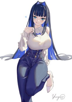1girl absurdres blue_pants breasts closed_mouth commentary denim english_commentary high-waist_pants highres hololive hololive_english jeans large_breasts massiveyog official_alternate_costume official_alternate_hair_length official_alternate_hairstyle ouro_kronii ouro_kronii_(casual) pants simple_background smile solo tongue tongue_out virtual_youtuber white_background
