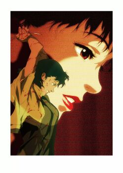 1girl arms_up black_hair blood blood_on_face blood_on_hands blood_on_clothes border brown_eyes clenched_teeth highres holding holding_weapon ice_pick kirigoe_mima kon_satoshi lipstick looking_down makeup perfect_blue red_lips reference_work scanlines stab teeth upper_body violence weapon white_border