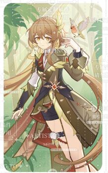 1girl bird black_shorts border braid braided_bangs brown_coat brown_hair brown_vest chinese_text closed_mouth coat english_text feathers feet_out_of_frame genius_invokation_tcg_(style) hair_ornament long_hair long_sleeves looking_at_viewer mixed-language_text multicolored_hair original ponytail saintcube2 shirt shorts smile solo thigh_strap very_long_hair vest watermark white_shirt yellow_eyes