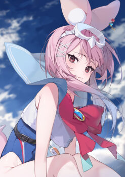 1girl amana_(pocketkey) animal_ear_piercing animal_ears armpit_crease blue_one-piece_swimsuit blue_sailor_collar blue_sky bow cloud commentary_request goggles goggles_on_head highres karin_(stella_sora) light_smile looking_at_viewer one-piece_swimsuit pink_hair rabbit_ears rabbit_girl rabbit_tail red_bow red_eyes sailor_collar shirt sitting sky sleeveless sleeveless_shirt solo stella_sora swimsuit tail