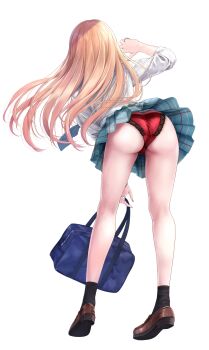 Rule 34 | 1girl, absurdres, ass, bag, black socks, blonde hair, blue bag, bracelet, breasts, brown shoes, from behind, full body, gyaru, hand up, highres, holding, holding bag, jewelry, kitagawa marin, large breasts, leaning forward, long hair, long sleeves, panties, red panties, satin, satin panties, school uniform, shirt, shirt tucked in, shoes, simple background, skirt, socks, solo, sono bisque doll wa koi wo suru, standing, suien, thighs, underwear, white background, white shirt