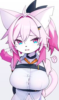 1girl ? absurdres ahoge animal_ears black_bow black_choker blush body_fur bow breasts button_gap buttons cat_ears cat_girl cat_tail chest_harness choker cleavage collared_shirt dev_voxy fangs furry furry_female hair_bow hair_intakes hair_ornament hairclip harness highres looking_at_viewer multicolored_hair notched_ear original pink_fur pink_hair purple_eyes shirt simple_background sleeveless sleeveless_shirt solo spoken_question_mark sweatdrop tail two-tone_hair upper_body whisk white_background